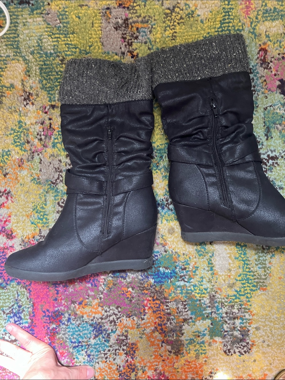 Roxy Black Wedge Heel Mid-Calf Boots with Knit Cuffs - Picture 7 of 15